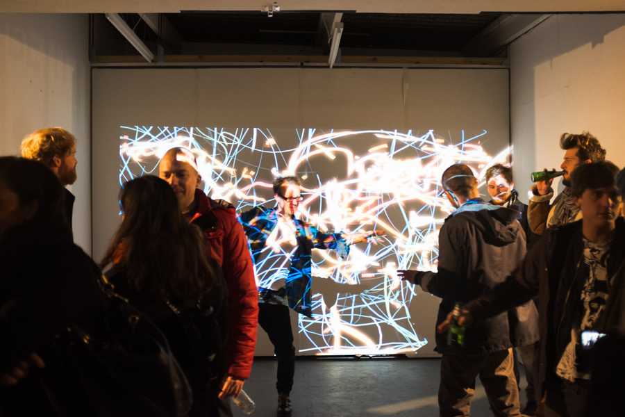 5 This Floating World Audience member playing with the interactive setup after performance at Arebyte Gallery London Photographer Tadeo Sendon