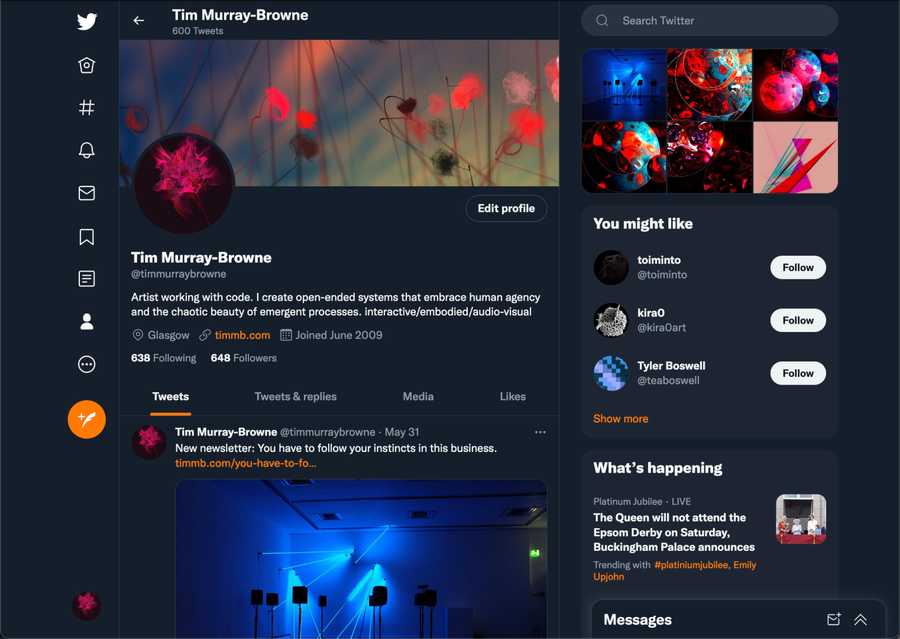 A screenshot of Tim Murray-Browne's Twitter profile