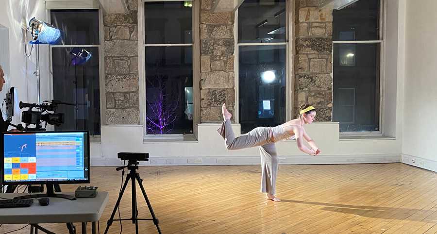 Catriona Robertson dancing with the Sonified Body system by Tim Murray-Browne and Panagiotis Tigas during a residency at the Centre for Contemporary Arts, Glasgow.