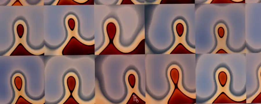 Grid of rendered blurred humanoid silhouettes in warm reds and cool greys, resembling softly melting self-portraits. Image: Tim Murray-Browne (Convergent Self Portraits).