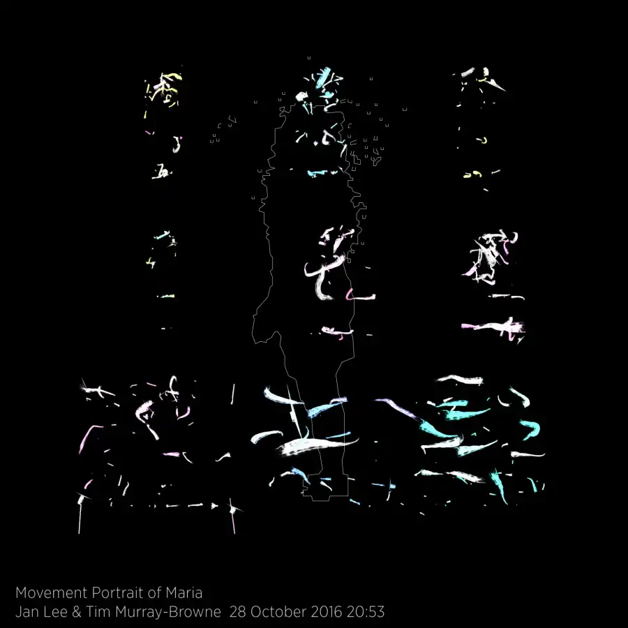 Black background with luminous pastel strokes arranged in clusters, loosely outlining a standing human silhouette and multiple fragmented traces, representing a person’s movement over time. Caption at the bottom reads: Movement Portrait of Maria / Jan Lee & Tim Murray-Browne 28 October 2016 20:53