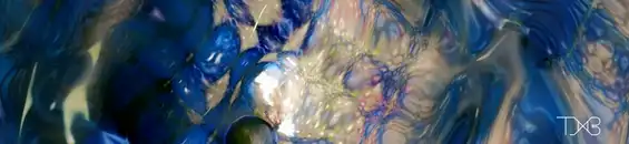 Still shot from Tim Murray-Browne's upcoming untitled work which is part of his project Diffeomorphism. An abstract image blue and grey textures with specular light reflections.