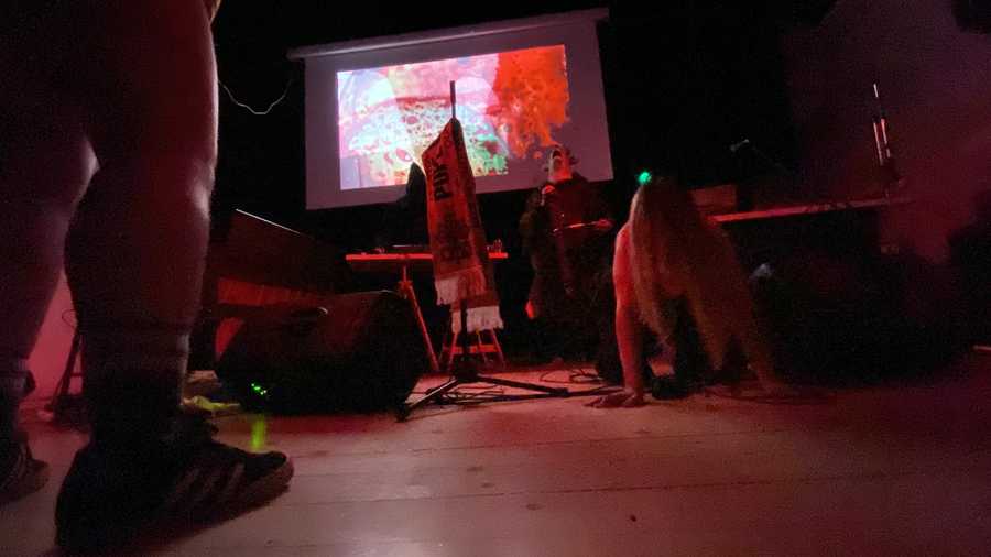 A photo of VIDIV performing with Adriana Minu at the Old Hairdressers. It shows the bare leg of Phil in the foreground with Adriana on all fours in the background while they perform.