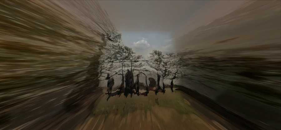 Work-in-progress preview of SELF ABSORBED by Tim Murray-Browne. An AI render of a space that looks like a graveyard with trees in the centre of the image, with a tunnel-like warping effect around it to make it seem far away.