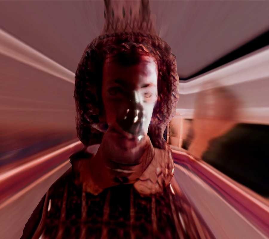 Work-in-progress preview of SELF ABSORBED by Tim Murray-Browne. A highly distorted AI render of a human face.