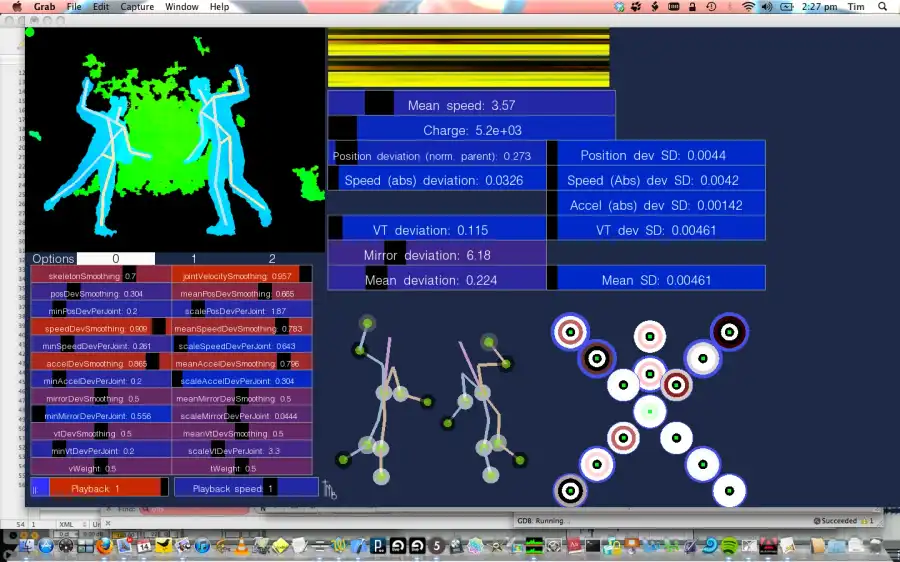 Screenshot of the debug interface of the Impossible Alone installation by Tim Murray-Browne and Tiff Chan. It shows a bright green human silhouette and two cyan skeletal figures on a black background, indicating tracked body movement and pose matching. Surrounding panels display sliders and real-time metrics for speed, position, acceleration, and deviation, alongside abstract diagrams visualising movement relationships and system state.
