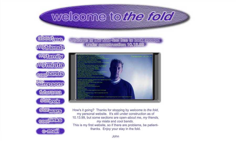 A screenshot of a website from the 90s with a strong aesthetic of the era. It's a homepage for a young man with different scetions including "the simpsons, Futurama and Cool links."