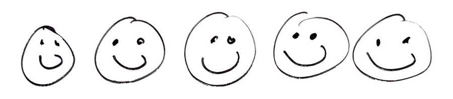 Five hand-drawn smiley faces