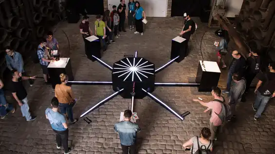 Overview photo of the Cave of Sounds installation led by Tim Murray-Browne at Athens Science Festival. Photograph by Anastasia Alekseeva.