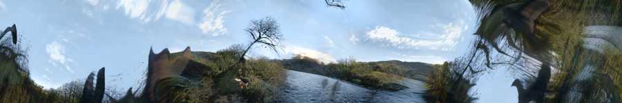 A still from ‘A short ride through hyperspace’ by Tim Murray-Browne. The AI-rendered image shows a lake under a blue sky turning into distorte echoes of this image towards its edges.