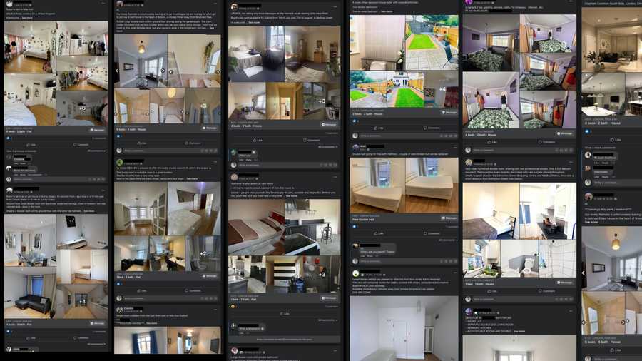 A screenshot of monotonously formatted posts from the Facebook group for finding a roomshare, modified to put it into multiple columns to make it easier to fit.