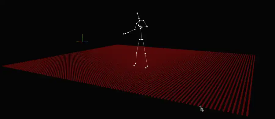 Digital render of a human figure drawn as lines and dots as tracked by a Kinect, standing on a plane made of red dots, by Tim Murray-Browne
