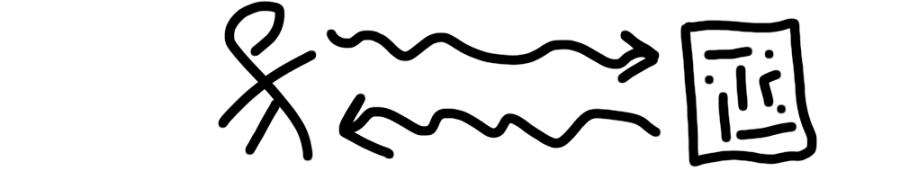 Hand-drawn stick figure with arrows going to and from a square box